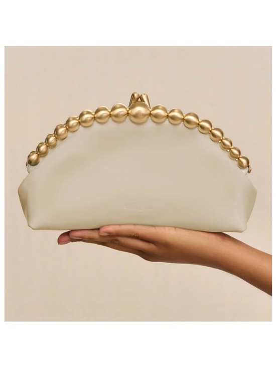 cult gaia Handbags - CULT GAIA Una Gold Pearl Detail Leather Sand Dollar Clutch